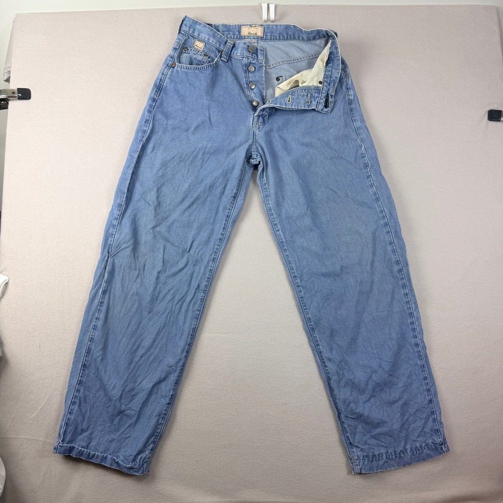 Indigo Hand Vtg 90s Wide Leg Rayon Pants Womens 29 Light Wash Blue Button Fly